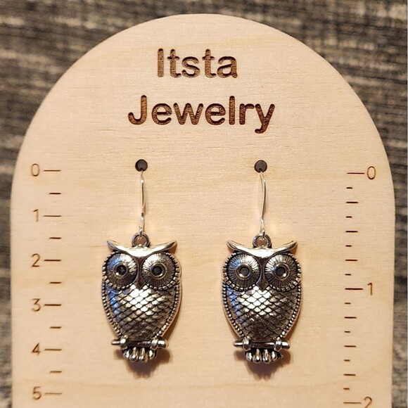 Silver Colored Owl Charm Earrings on Sterling Silver Earwires - Picture 1 of 3